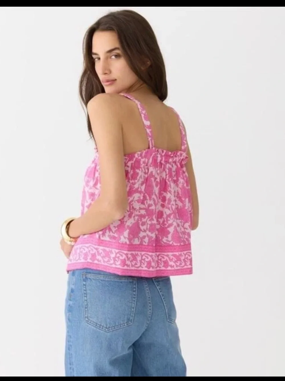 J.Crew Pink Rosebud Floral Smocked Tank Top Medium Button Front Cottagecore Boho